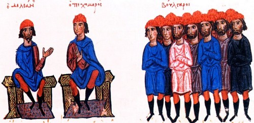 Петър Делян и Тихомир, миниатюра от Мадридския препис на Хрониката на Йоан Скилица 