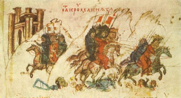 Войската на хан Крум преследва и ранява Никифоровия син и приемник Ставракий (миниатюра от Манасиевата летопис)