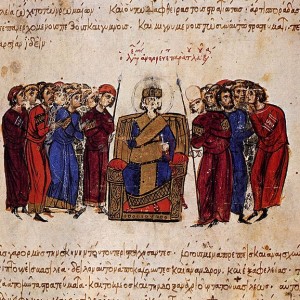 средновековна миниатюра изобразяваща въздигането на Лъв V