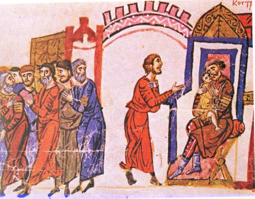 кан Омуртаг освобождава византийски пленници и прегръща малкия Василий - Миниатюра от Мадридския ръкопис на хрониката на Йоан Скилица