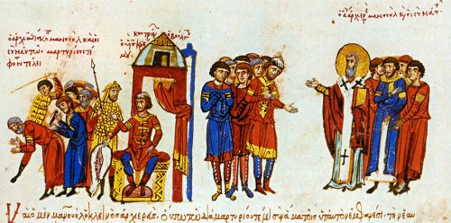 Кан Омуртаг се бори срещу християнските проповеди на византийските пленници - миниатюра от Мадридския ръкопис на хрониките на Йоан Скилица